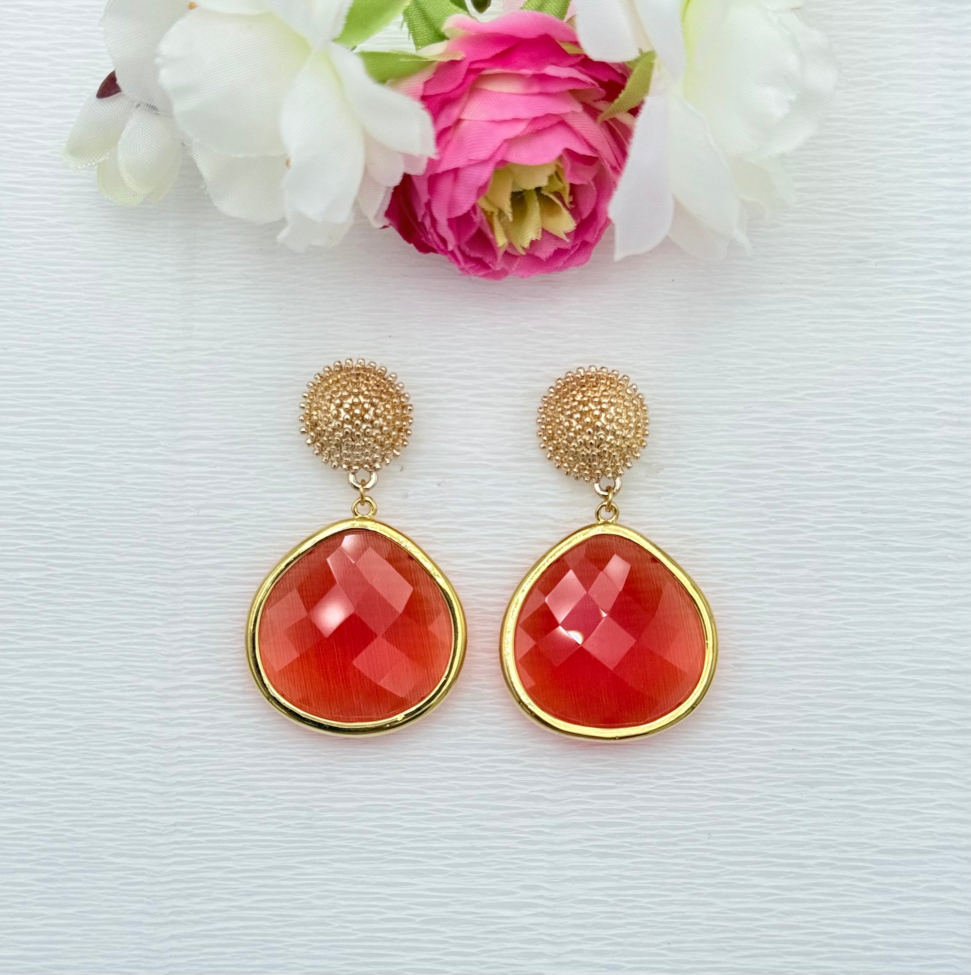 orange Ohrringe, Ohrringe orange, goldene Ohrringe, Glitzer Ohrringe, Ohrringe glitzer, Modeschmuck Ohrringe, hochwertiger Modeschmuck, Onlineshop Ohrringe, Tropfenohrringe